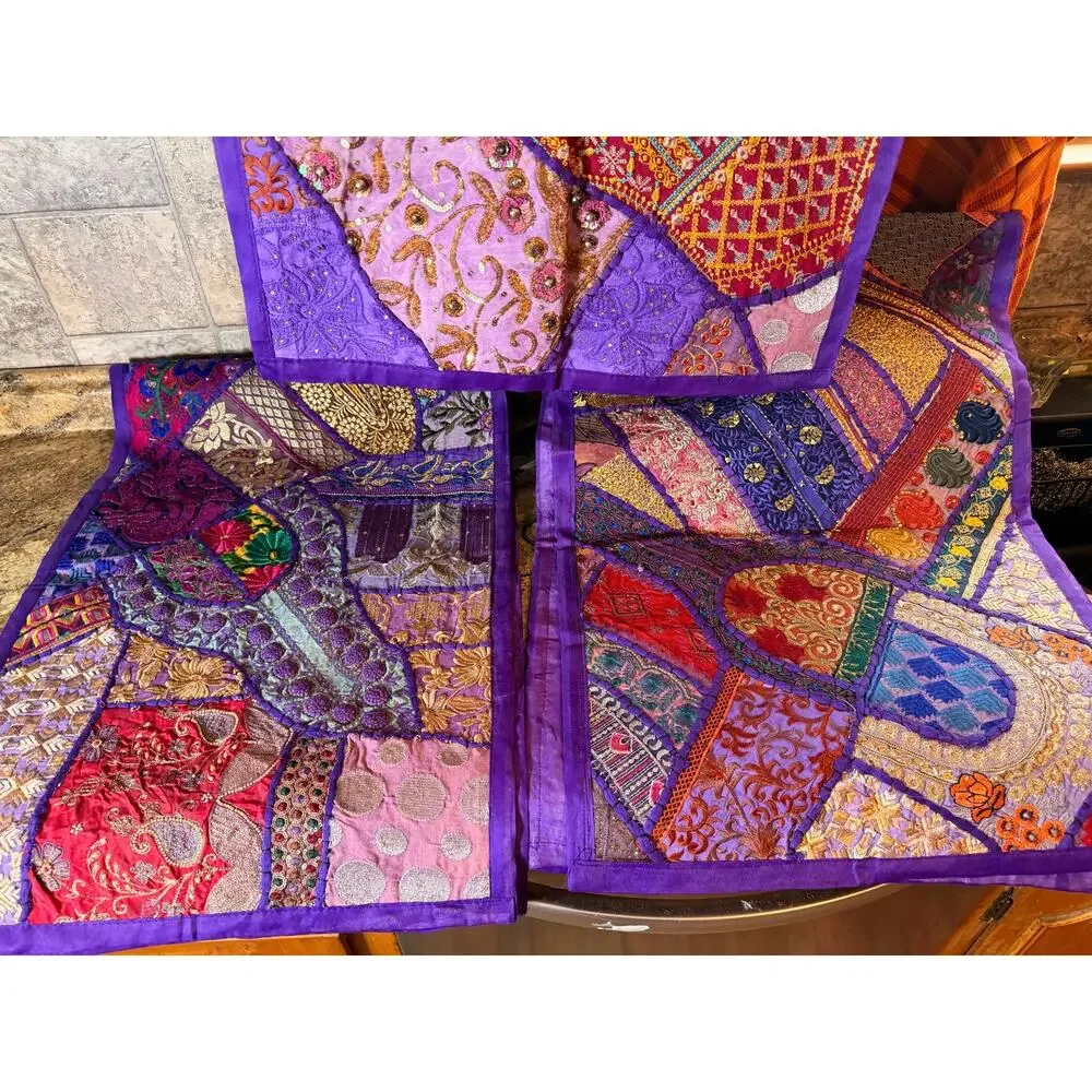 Handmade Set of 3 Heavy Embroidered Patchwork Renaissance material tablerunner